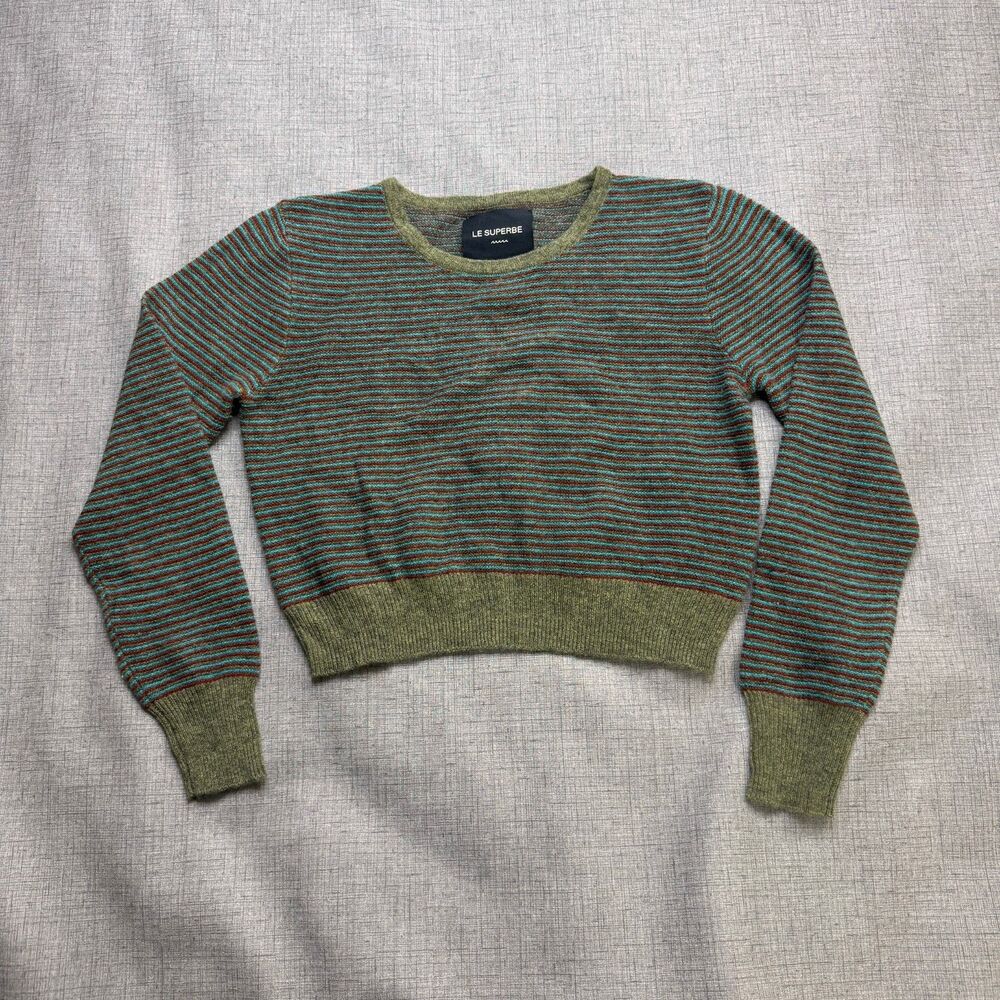 Le Superbe Cropped Sweater Women's Medium Green Striped 100% Cashmere Pullover